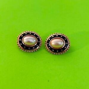 Vintage Burberry Gold-Tone Black Enamel Pearl Center Earrings